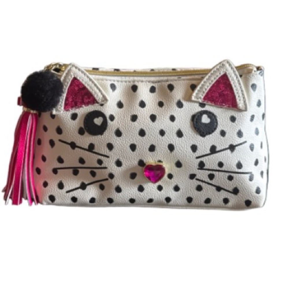 Betsey Johnson White Polka Dot Cat Face Cosmetic Pouch with Pink Accents